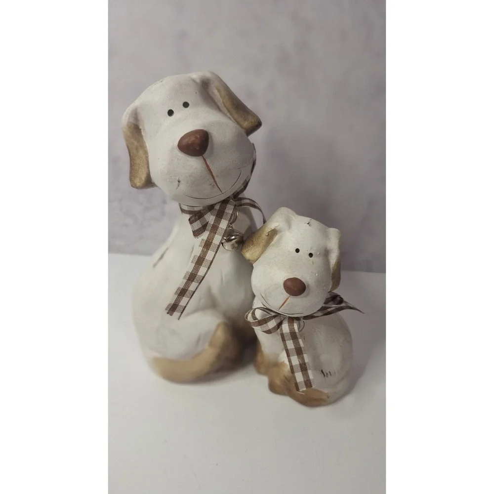 Ceramic Dog Figurine Set Decorative Home Decor Parent and Child Dogs with Ribbon